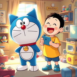 A heartwarming illustration of Doraemon, the lovable robotic cat with a blue body and a round face, standing next to Nobita Nobi, a kind-hearted, slightly clumsy boy wearing his signature yellow shirt and blue shorts