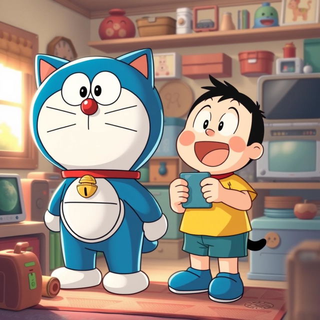 A heartwarming illustration of Doraemon, the lovable robotic cat with a blue body and a round face, standing next to Nobita Nobi, a kind-hearted, slightly clumsy boy wearing his signature yellow shirt and blue shorts