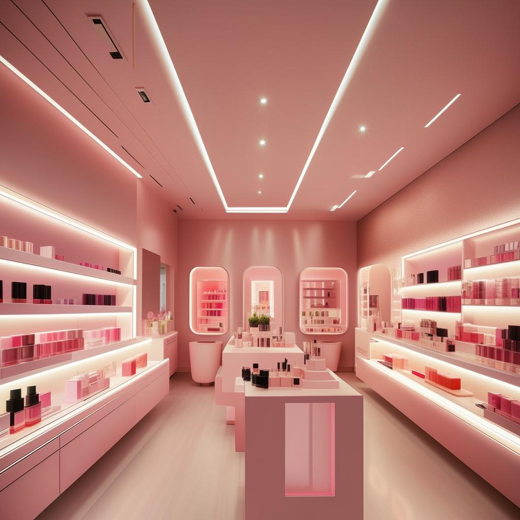 Generate an image of a 3 meter by 3 meter cosmetics shop having an efficient, contemporary light system. Focus on lighting fixtures complementing the small space, enhancing the product displays