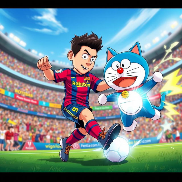 A dynamic scene depicting a cartoonish version of Lionel Messi, wearing his iconic Barcelona jersey and soccer cleats, engaging in an epic battle with Doraemon, a futuristic blue robotic cat