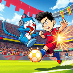 A dynamic scene depicting a cartoonish version of Lionel Messi, wearing his iconic Barcelona jersey and soccer cleats, engaging in an epic battle with Doraemon, a futuristic blue robotic cat