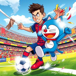 A dynamic scene depicting a cartoonish version of Lionel Messi, wearing his iconic Barcelona jersey and soccer cleats, engaging in an epic battle with Doraemon, a futuristic blue robotic cat