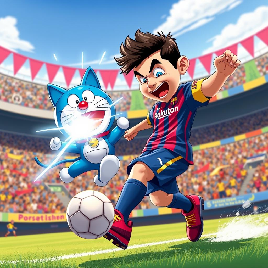 A dynamic scene depicting a cartoonish version of Lionel Messi, wearing his iconic Barcelona jersey and soccer cleats, engaging in an epic battle with Doraemon, a futuristic blue robotic cat