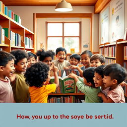 A vibrant and cozy library scene featuring a group of excited children of various ethnicities, happily gathering around a colorful shelf filled with books