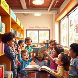 A vibrant and cozy library scene featuring a group of excited children of various ethnicities, happily gathering around a colorful shelf filled with books