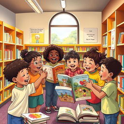 A vibrant and cozy library scene featuring a group of excited children of various ethnicities, happily gathering around a colorful shelf filled with books