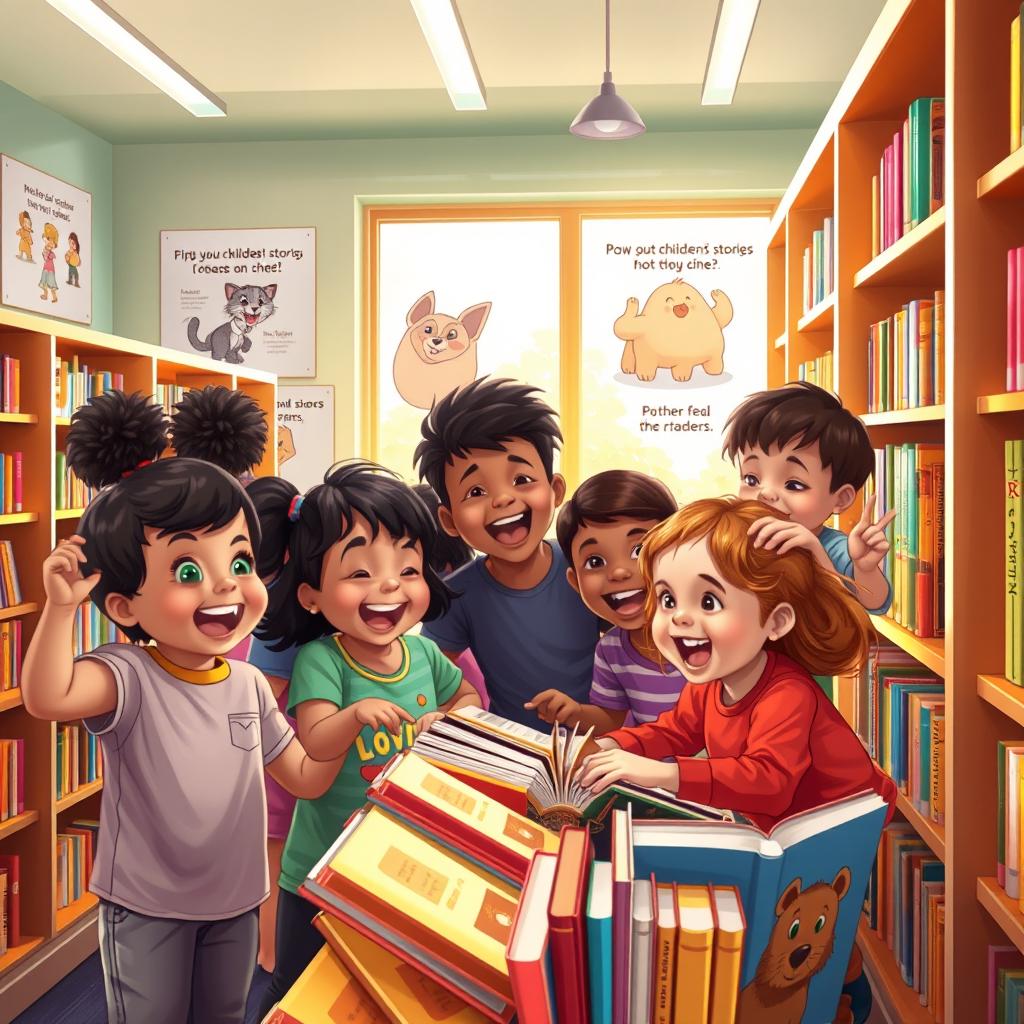 A vibrant and cozy library scene featuring a group of excited children of various ethnicities, happily gathering around a colorful shelf filled with books