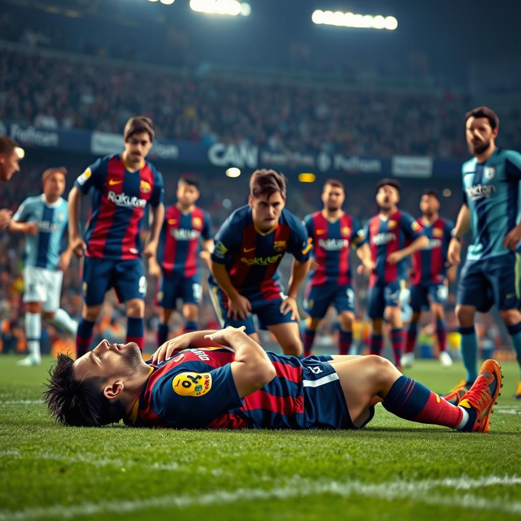 A dramatic scene of a professional soccer match where Lionel Messi is injured, lying on the field in a pained expression