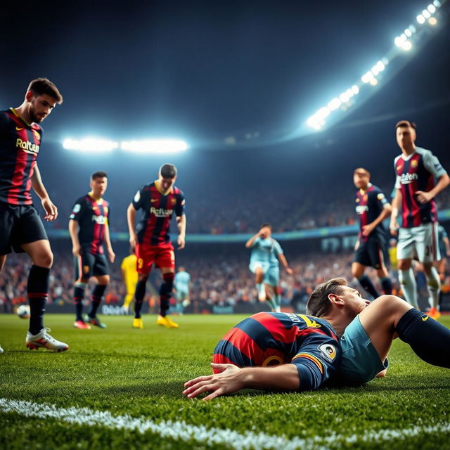 A dramatic scene of a professional soccer match where Lionel Messi is injured, lying on the field in a pained expression