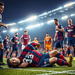 A dramatic scene of a professional soccer match where Lionel Messi is injured, lying on the field in a pained expression