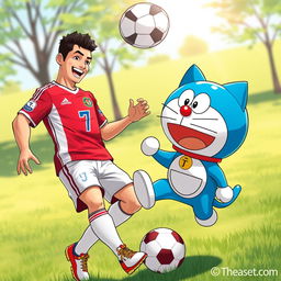 A vibrant and playful scene featuring Cristiano Ronaldo (CR7) and Doraemon, the iconic blue robotic cat