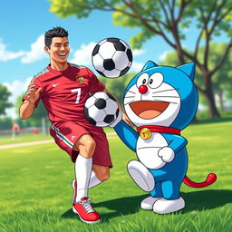 A vibrant and playful scene featuring Cristiano Ronaldo (CR7) and Doraemon, the iconic blue robotic cat