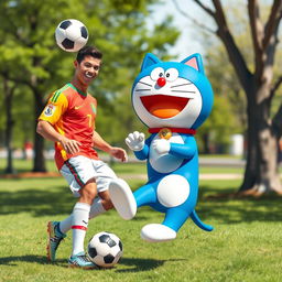 A vibrant and playful scene featuring Cristiano Ronaldo (CR7) and Doraemon, the iconic blue robotic cat