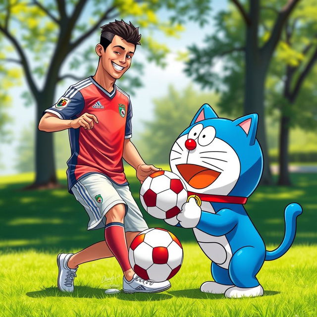 A vibrant and playful scene featuring Cristiano Ronaldo (CR7) and Doraemon, the iconic blue robotic cat