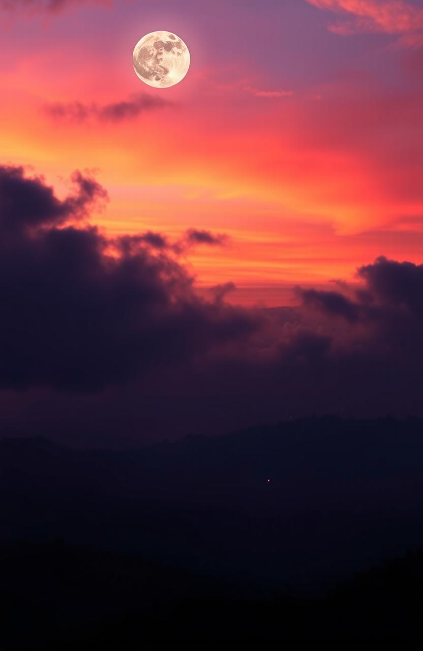 A breathtaking scene depicting a twilight sky filled with vibrant shades of orange, pink, and purple, transitioning gracefully into night