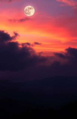 A breathtaking scene depicting a twilight sky filled with vibrant shades of orange, pink, and purple, transitioning gracefully into night