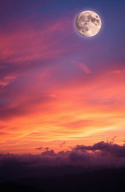 A breathtaking scene depicting a twilight sky filled with vibrant shades of orange, pink, and purple, transitioning gracefully into night