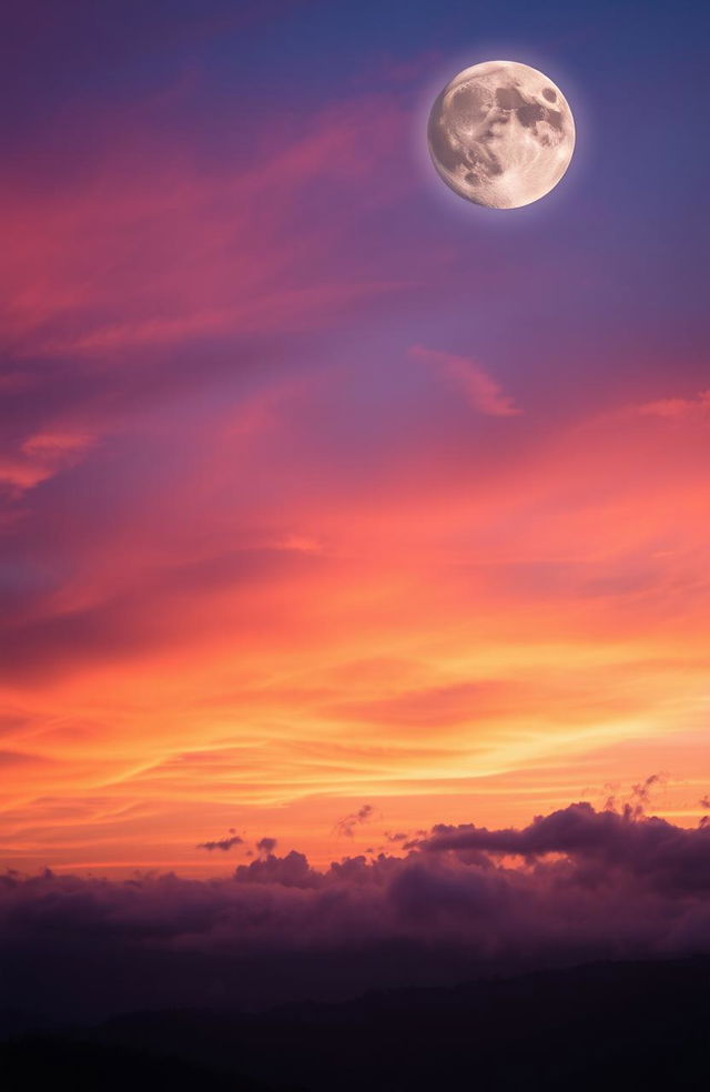 A breathtaking scene depicting a twilight sky filled with vibrant shades of orange, pink, and purple, transitioning gracefully into night