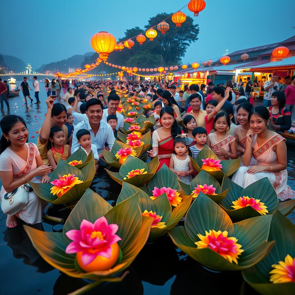 A vibrant scene depicting the Lanna Style Loy Kratong Festival in Chiang Mai, Thailand