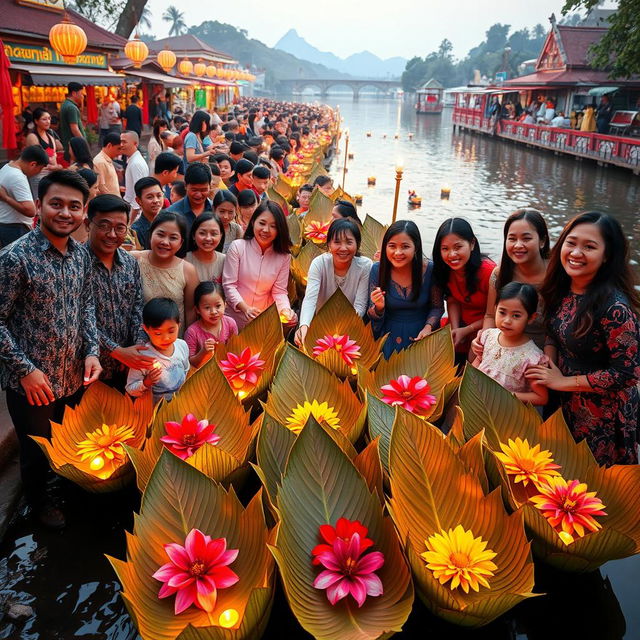 A vibrant scene depicting the Lanna Style Loy Kratong Festival in Chiang Mai, Thailand