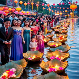 A vibrant and colorful depiction of the Loy Kratong Festival in Chiang Mai, Thailand, showcasing a beautiful riverside scene