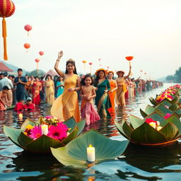 A vibrant and colorful depiction of the Loy Kratong Festival in Chiang Mai, Thailand, showcasing a beautiful riverside scene