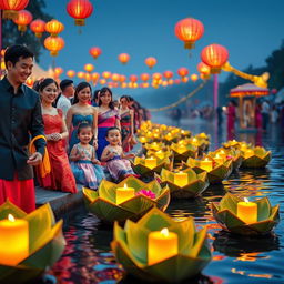 A vibrant and colorful depiction of the Loy Kratong Festival in Chiang Mai, Thailand, showcasing a beautiful riverside scene