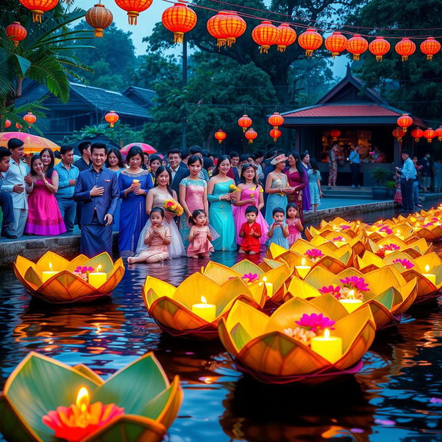 A vibrant and colorful depiction of the Loy Kratong Festival in Chiang Mai, Thailand, showcasing a beautiful riverside scene