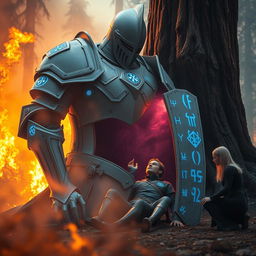 Epic fantasy art depicting a massive white metal knight armor intricately detailed with glowing blue runes, slumped against a giant redwood tree