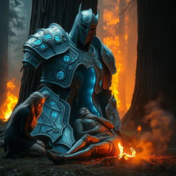 Epic fantasy art depicting a massive white metal knight armor intricately detailed with glowing blue runes, slumped against a giant redwood tree