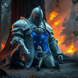 Epic fantasy art depicting a massive white metal knight armor intricately detailed with glowing blue runes, slumped against a giant redwood tree