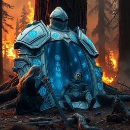 Epic fantasy art depicting a massive white metal knight armor intricately detailed with glowing blue runes, slumped against a giant redwood tree