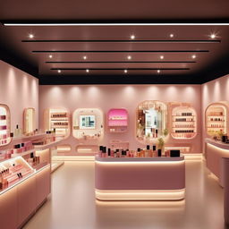 Generate an image of a 3 meter by 3 meter cosmetics shop having an efficient, contemporary light system. Focus on lighting fixtures complementing the small space, enhancing the product displays