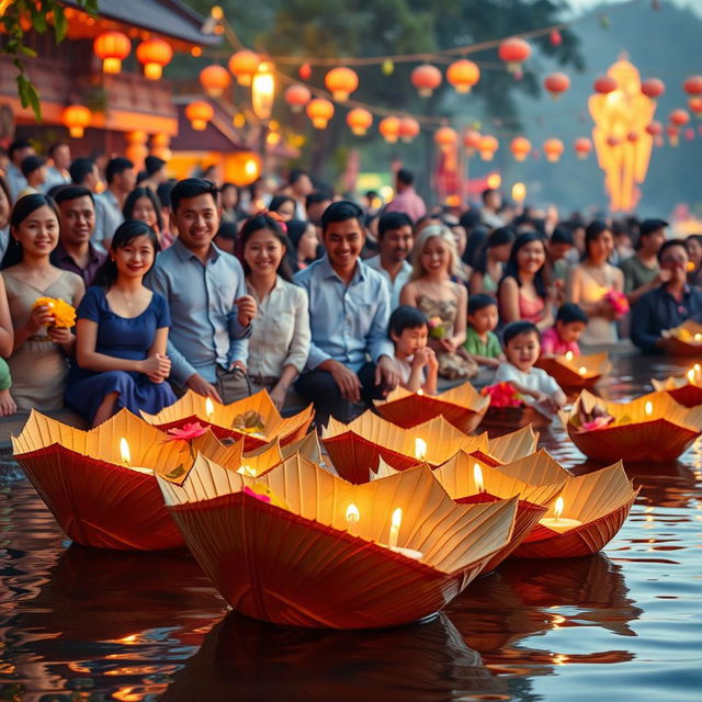 A vibrant scene depicting the Loy Krathong Festival in Chiang Mai, Thailand