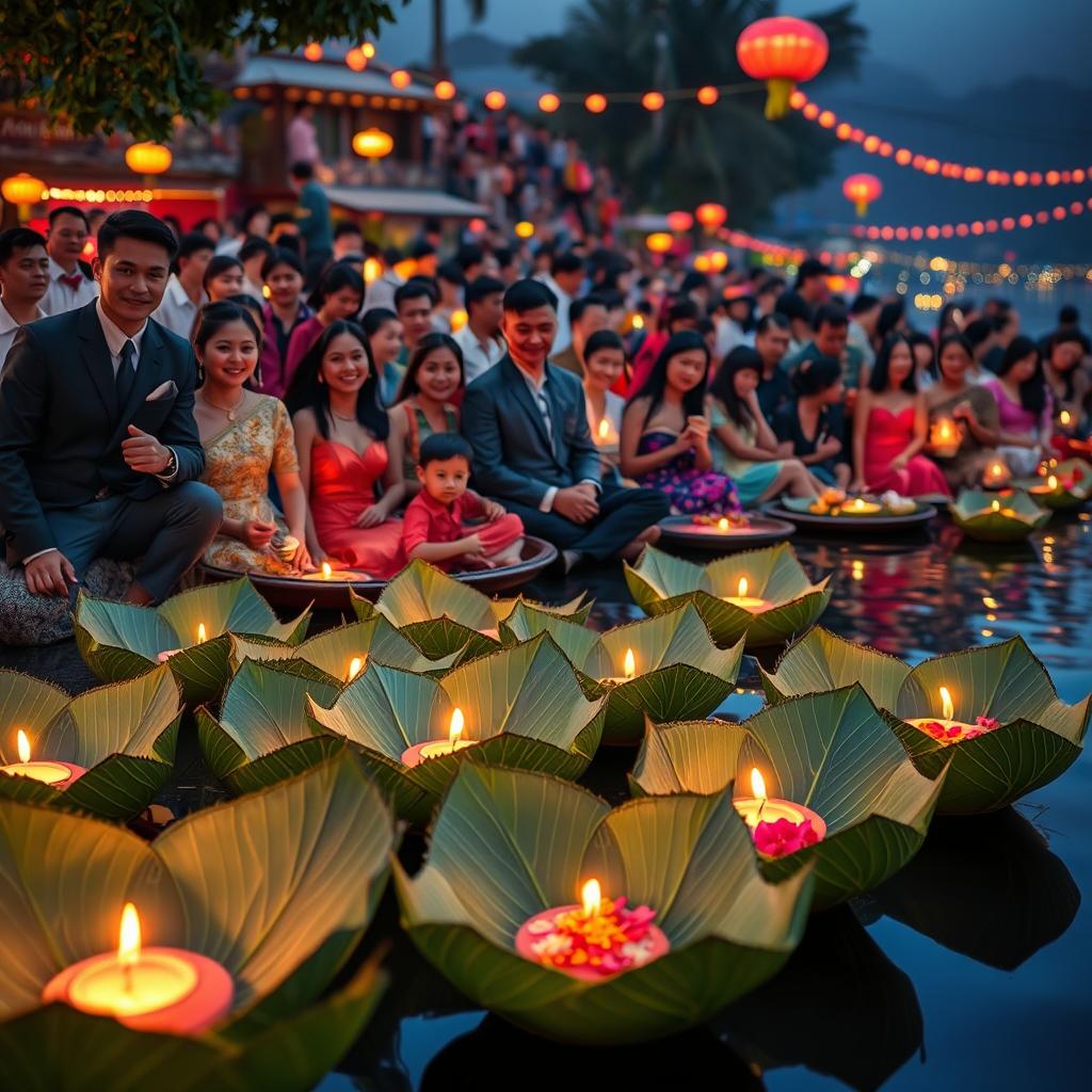 A vibrant scene depicting the Loy Krathong Festival in Chiang Mai, Thailand