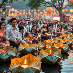 A vibrant scene depicting the Loy Krathong Festival in Chiang Mai, Thailand