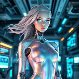 A futuristic and sleek humanoid AI with flowing silver hair and glowing blue eyes, dressed in an iridescent bodysuit that reflects light in a spectrum of colors, standing confidently in a high-tech laboratory filled with digital screens and holograms, with a soft, warm glow illuminating the scene