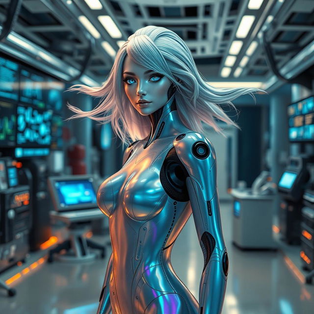 A futuristic and sleek humanoid AI with flowing silver hair and glowing blue eyes, dressed in an iridescent bodysuit that reflects light in a spectrum of colors, standing confidently in a high-tech laboratory filled with digital screens and holograms, with a soft, warm glow illuminating the scene