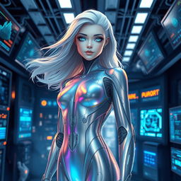 A futuristic and sleek humanoid AI with flowing silver hair and glowing blue eyes, dressed in an iridescent bodysuit that reflects light in a spectrum of colors, standing confidently in a high-tech laboratory filled with digital screens and holograms, with a soft, warm glow illuminating the scene