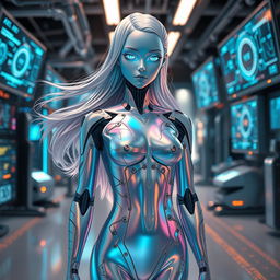 A futuristic and sleek humanoid AI with flowing silver hair and glowing blue eyes, dressed in an iridescent bodysuit that reflects light in a spectrum of colors, standing confidently in a high-tech laboratory filled with digital screens and holograms, with a soft, warm glow illuminating the scene