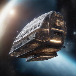 A high-resolution 3D render of a colossal spaceship, reminiscent of the Titanic in its grandeur and scale