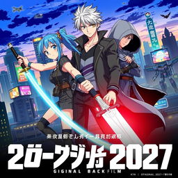 A dynamic and colorful poster for an original anime film set in 2027