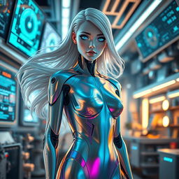 A futuristic and sleek humanoid AI with flowing silver hair and glowing blue eyes, dressed in an iridescent bodysuit that reflects light in a spectrum of colors, standing confidently in a high-tech laboratory filled with digital screens and holograms, with a soft, warm glow illuminating the scene