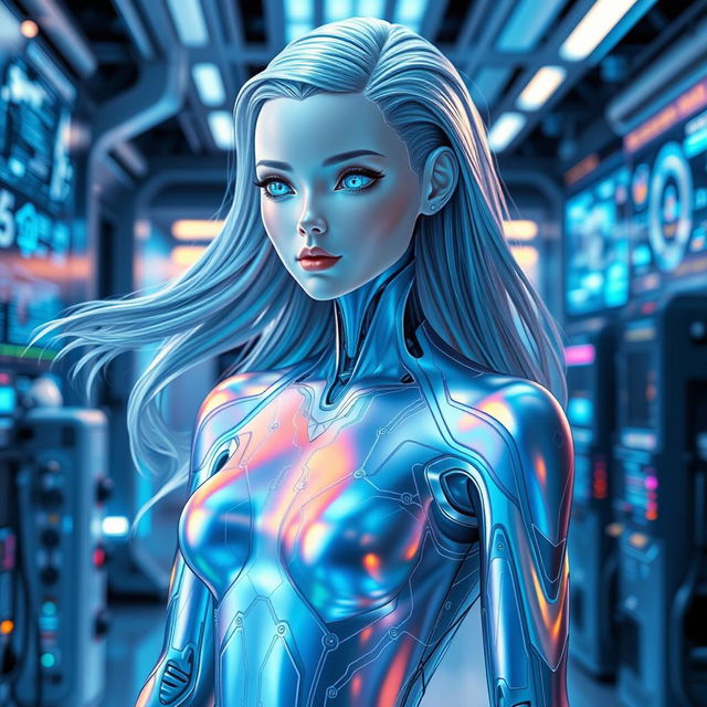 A futuristic and sleek humanoid AI with flowing silver hair and glowing blue eyes, dressed in an iridescent bodysuit that reflects light in a spectrum of colors, standing confidently in a high-tech laboratory filled with digital screens and holograms, with a soft, warm glow illuminating the scene