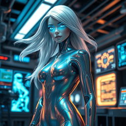A futuristic and sleek humanoid AI with flowing silver hair and glowing blue eyes, dressed in an iridescent bodysuit that reflects light in a spectrum of colors, standing confidently in a high-tech laboratory filled with digital screens and holograms, with a soft, warm glow illuminating the scene