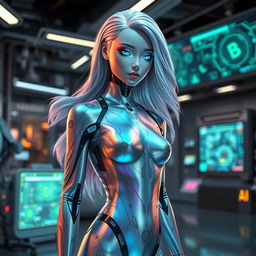 A futuristic and sleek humanoid AI with flowing silver hair and glowing blue eyes, dressed in an iridescent bodysuit that reflects light in a spectrum of colors, standing confidently in a high-tech laboratory filled with digital screens and holograms, with a soft, warm glow illuminating the scene