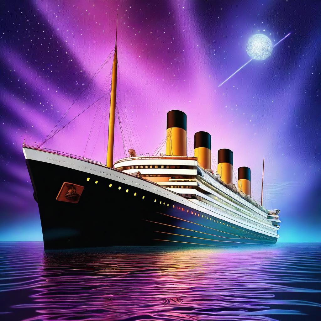 A high-resolution digital art image presenting the iconic Titanic in the year 2099