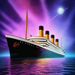 A high-resolution digital art image presenting the iconic Titanic in the year 2099