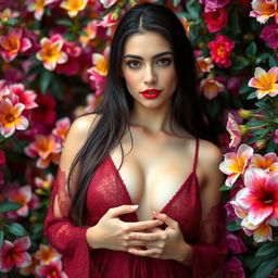 A beautiful woman standing amidst blooming flowers, dressed in a wet red-patterned outfit