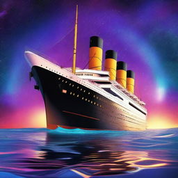 A high-resolution digital art image presenting the iconic Titanic in the year 2099